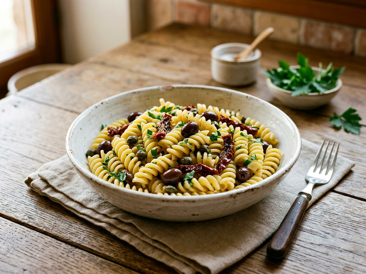 Fusilli aux olives taggiasche, câpres et tomates séchées
