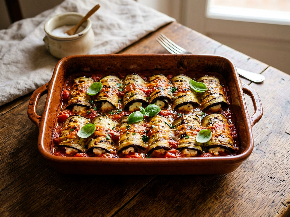 Involtini d'aubergines à la ricotta, sauce aux tomates cerises