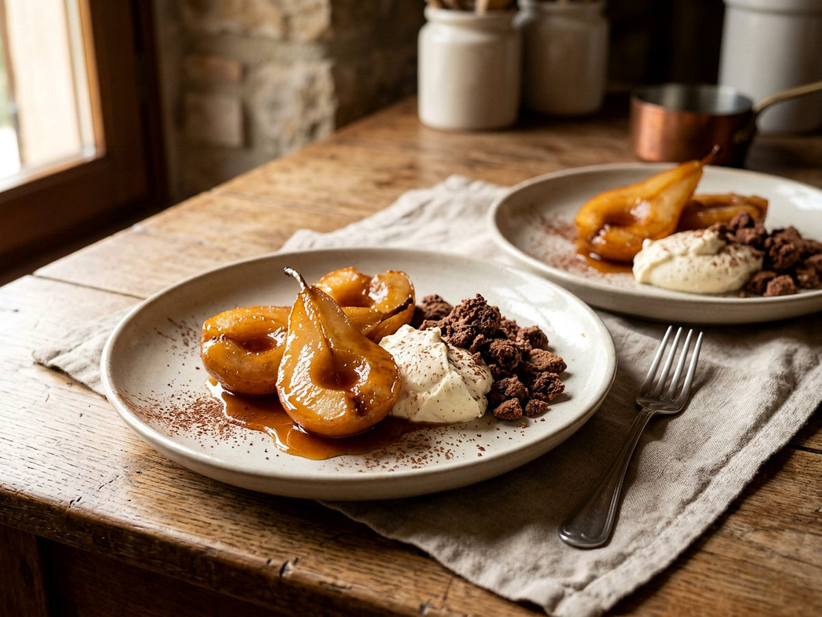 Poires caramélisées au marsala, amaretti au chocolat