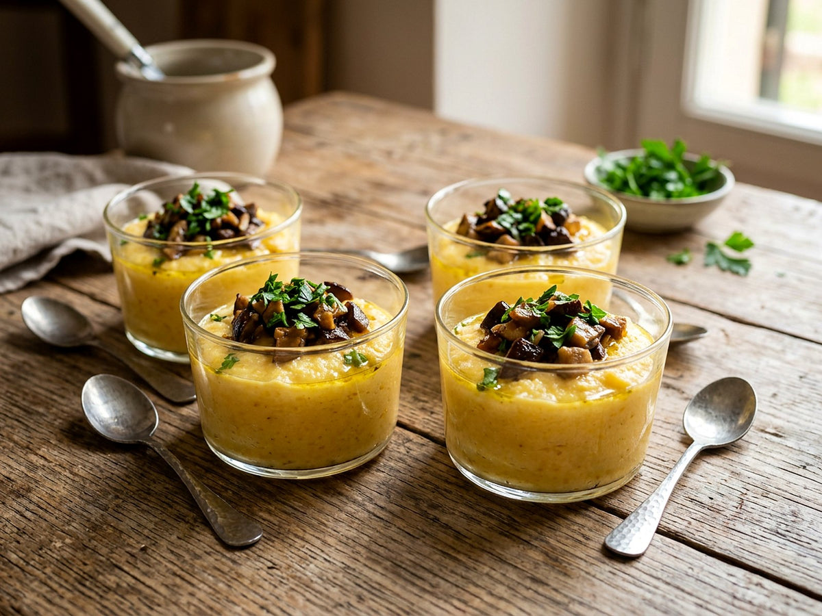 Verrines de polenta crémeuse aux cèpes et à l'huile truffée
