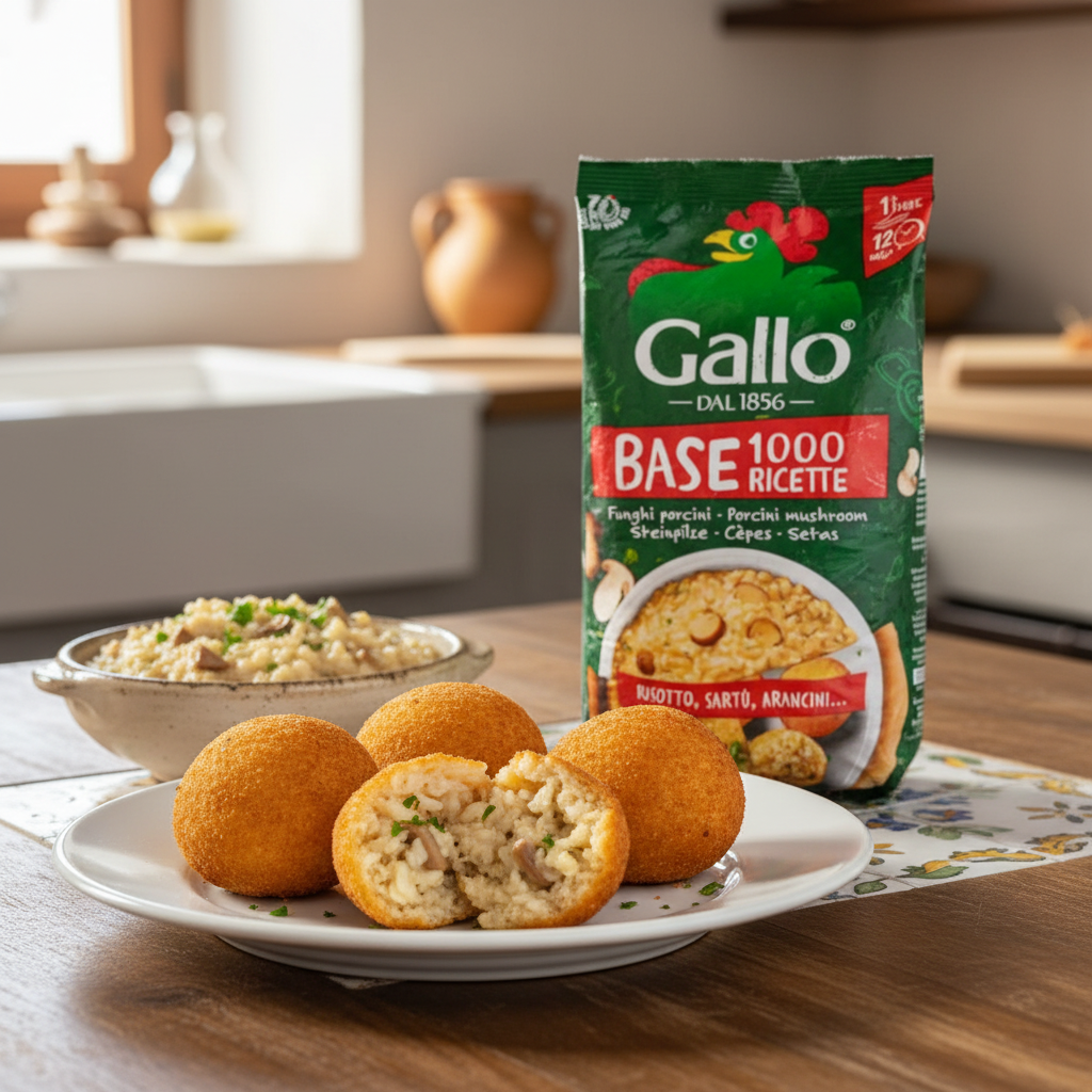 Base Risotto aux Cèpes Gallo (1 kg) – mise en scène générée par IA à partir de la photo du produit