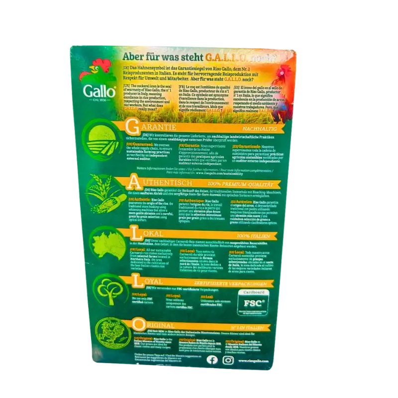 Riz Bio Carnaroli pour Risotto Gallo 500g - Informations nutritionnelles et engagement écologique.