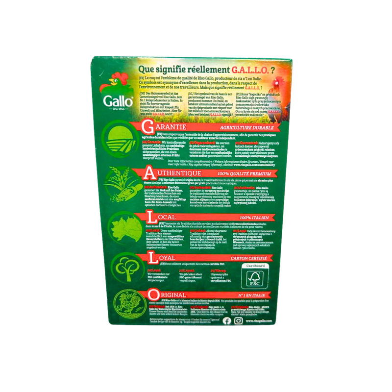 Image de la face arrière du Riz Risotto Tradition Gallo BIO 500g avec les valeurs nutritionnelles et conseils d'utilisation.