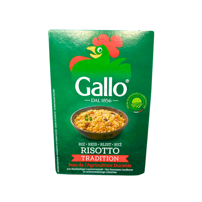 Image de la face avant du paquet de Riz Risotto Tradition Gallo BIO 500g, issu de l'agriculture durable, idéal pour des plats de risotto.