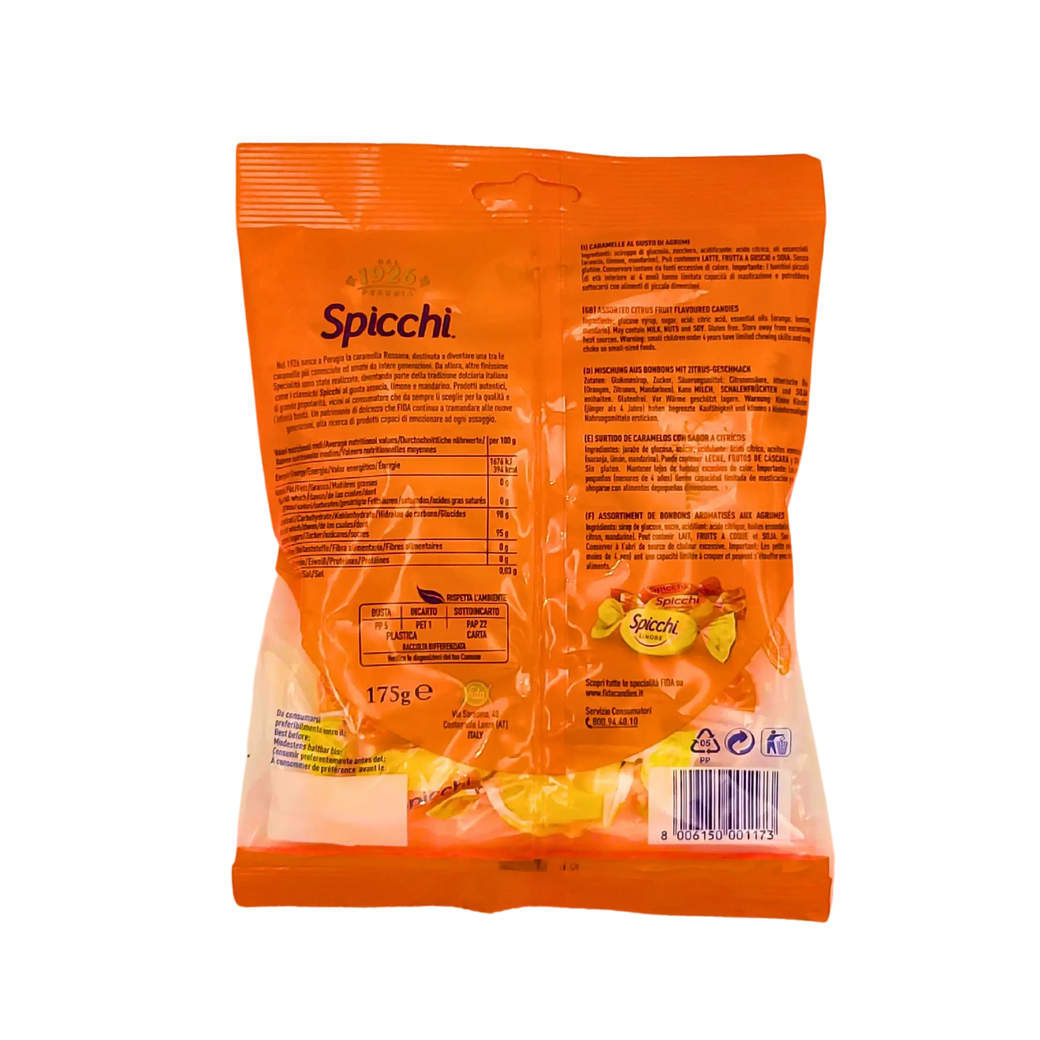 Achterkant van de zak Spicchi Perugia snoepjes met citrus smaak, formaat 175 g.