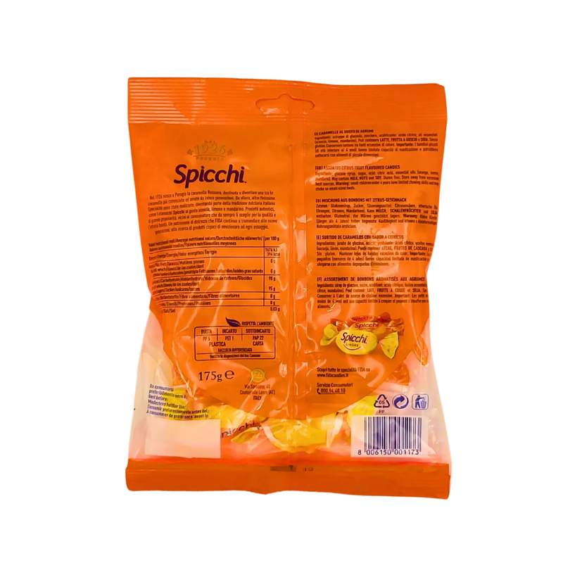 Vue arrière du sachet de bonbons Spicchi Perugia au goût d'agrumes, format 175 g.