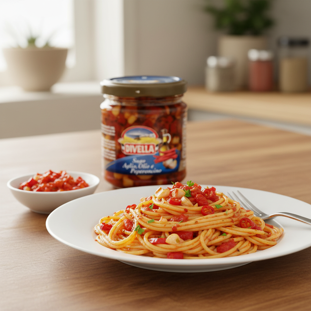 Aglio Olio e Peperoncino Divella – Sauce ail, huile, piment (190 g) – mise en scène générée par IA à partir de la photo du produit