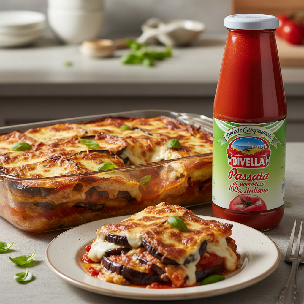 Passata di Pomodoro Divella - 100 % Italiens (680 g) – mise en scène générée par IA à partir de la photo du produit