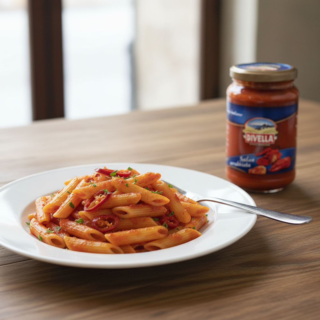 Sauce Arrabbiata Divella – Tomate et piment (340 g) – mise en scène générée par IA à partir de la photo du produit
