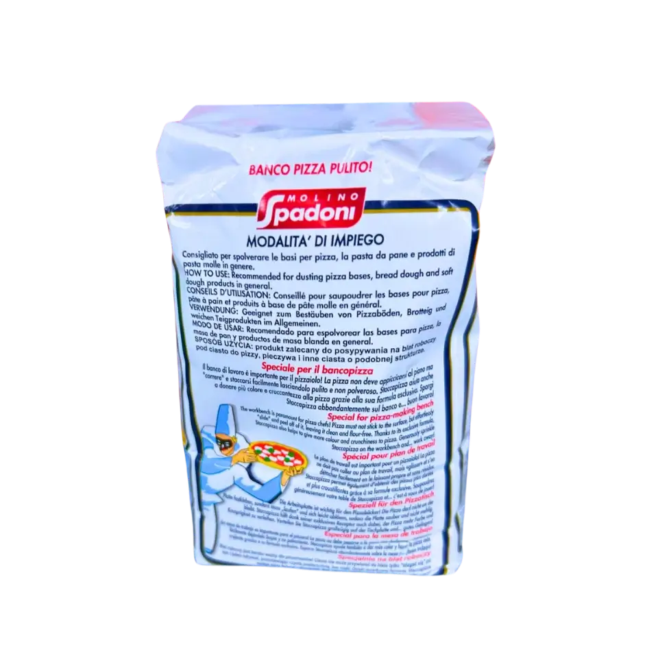 Back of the Molino Spadoni 1kg pizza semolina package, with multilingual usage tips for professional use.