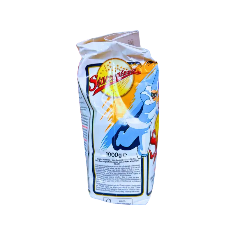 Vue latérale du paquet Staccapizza Molino Spadoni 1kg, montrant les informations complémentaires du produit.
