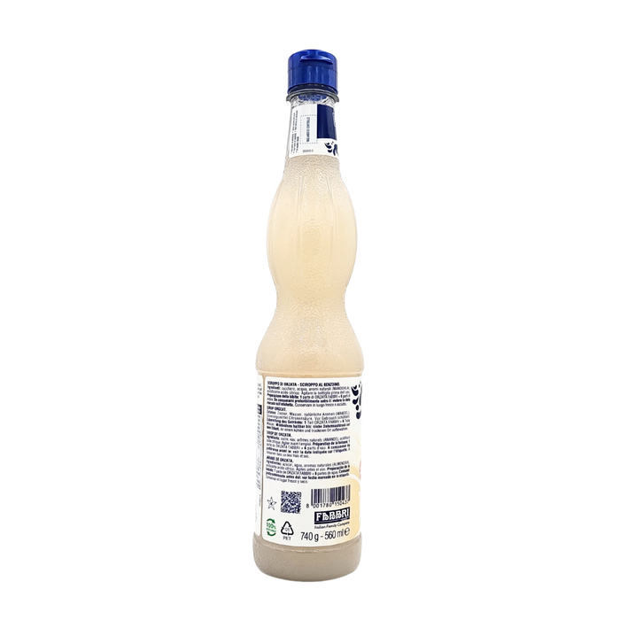 Face arrière de la bouteille de sirop d’orgeat Fabbri 560ml, avec détails des ingrédients, informations nutritionnelles et recommandations d’utilisation.