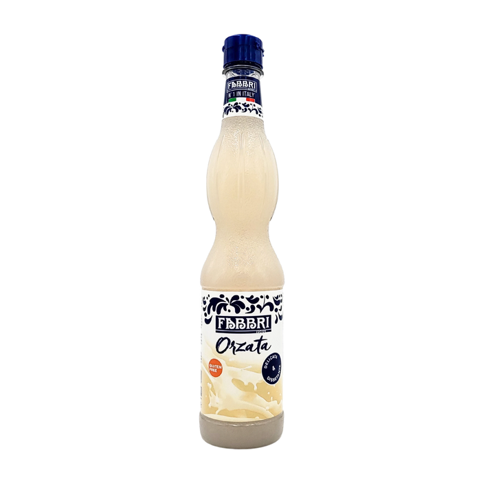 Vue avant de la bouteille de sirop d’orgeat Fabbri 560ml, un produit italien traditionnel au design élégant, parfait pour des boissons et desserts gourmands.