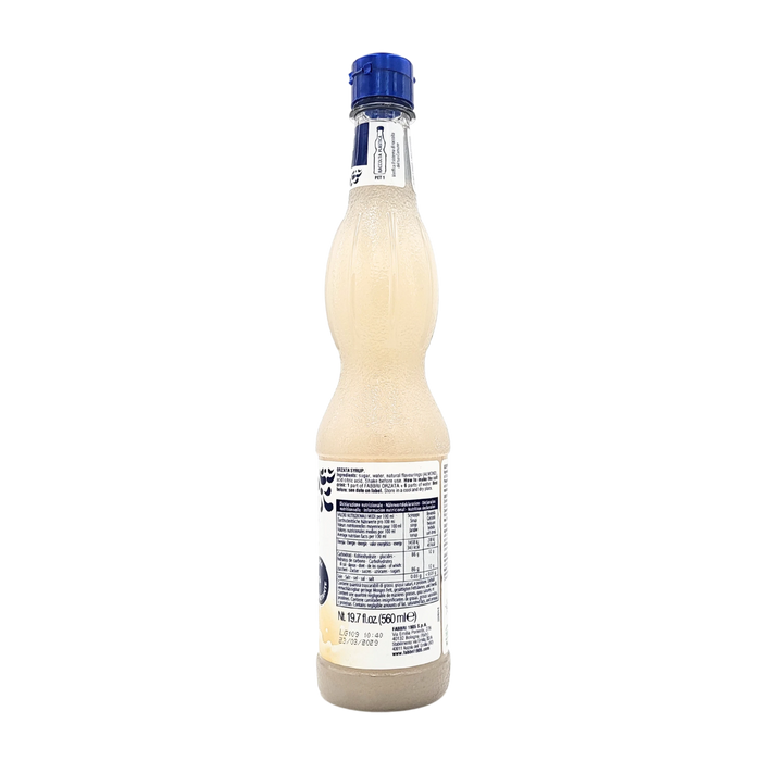 Informations nutritionnelles de la bouteille de sirop d’orgeat Fabbri 560ml, indiquant les valeurs caloriques et les composants essentiels.