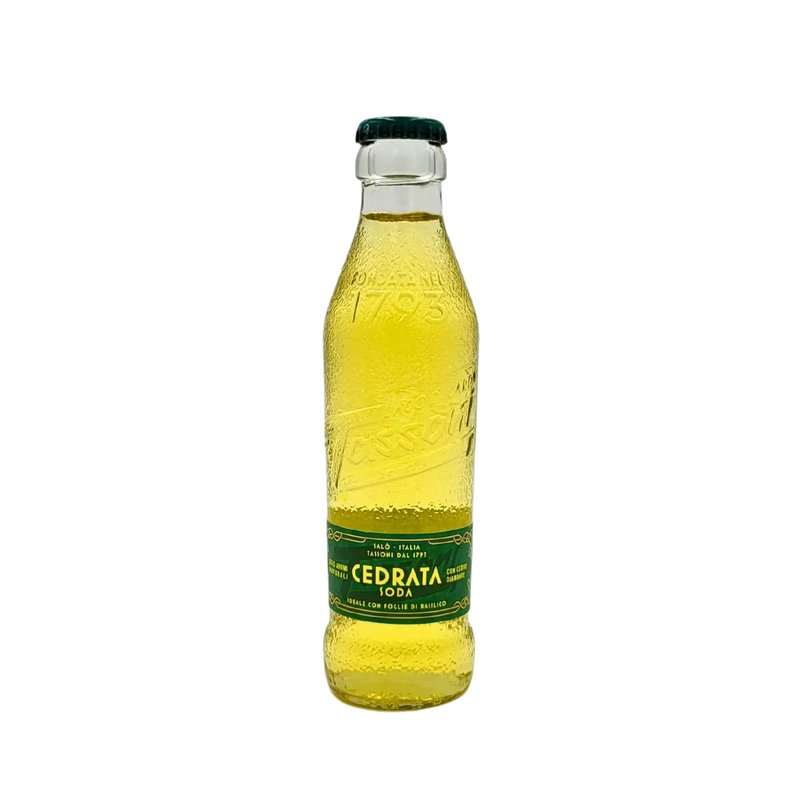 Bouteille de Limonade Cedrata Tassoni, soda italien pétillant et rafraîchissant au cédrat de Calabre, 18cl.