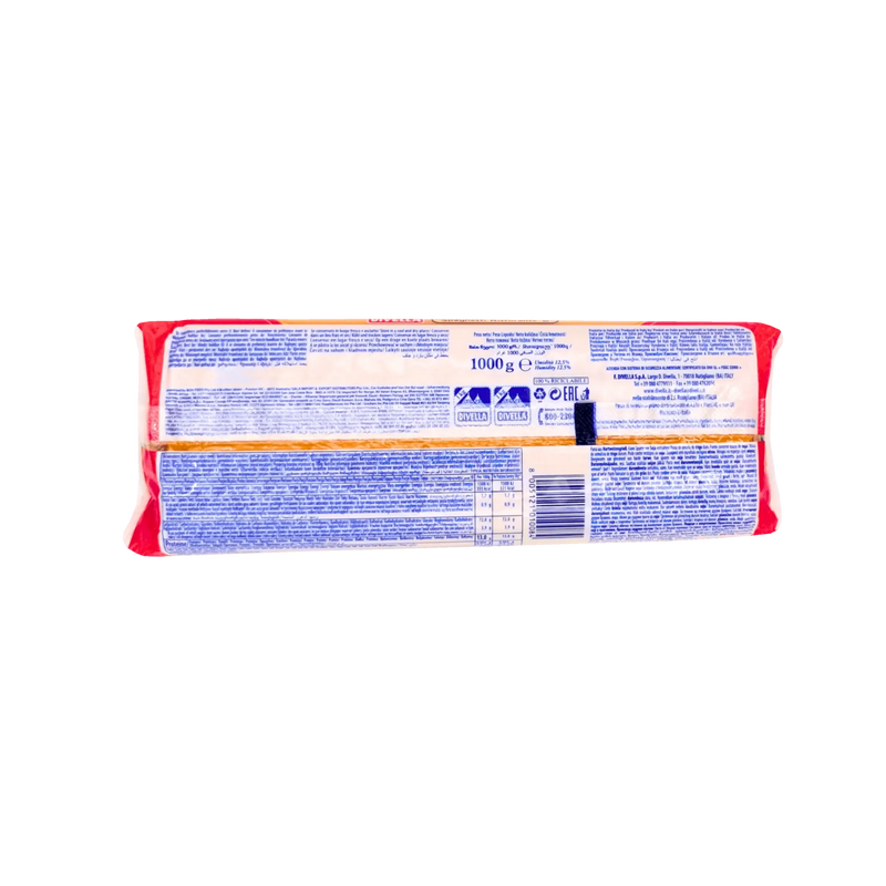 Dos du paquet de spaghetti Ristorante N°8 Divella 1kg - Informations nutritionnelles et conseils de préparation des pâtes.