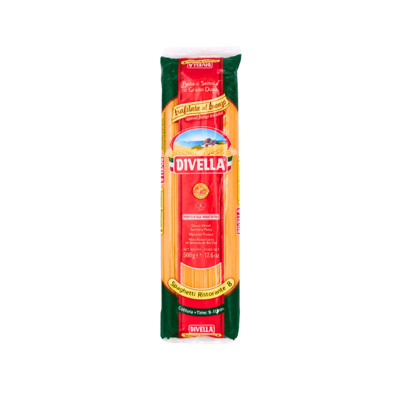 Paquet de spaghetti Ristorante N°8 Divella 500g - Pâtes italiennes de semoule de blé dur, tréfilées au bronze pour une texture optimale.