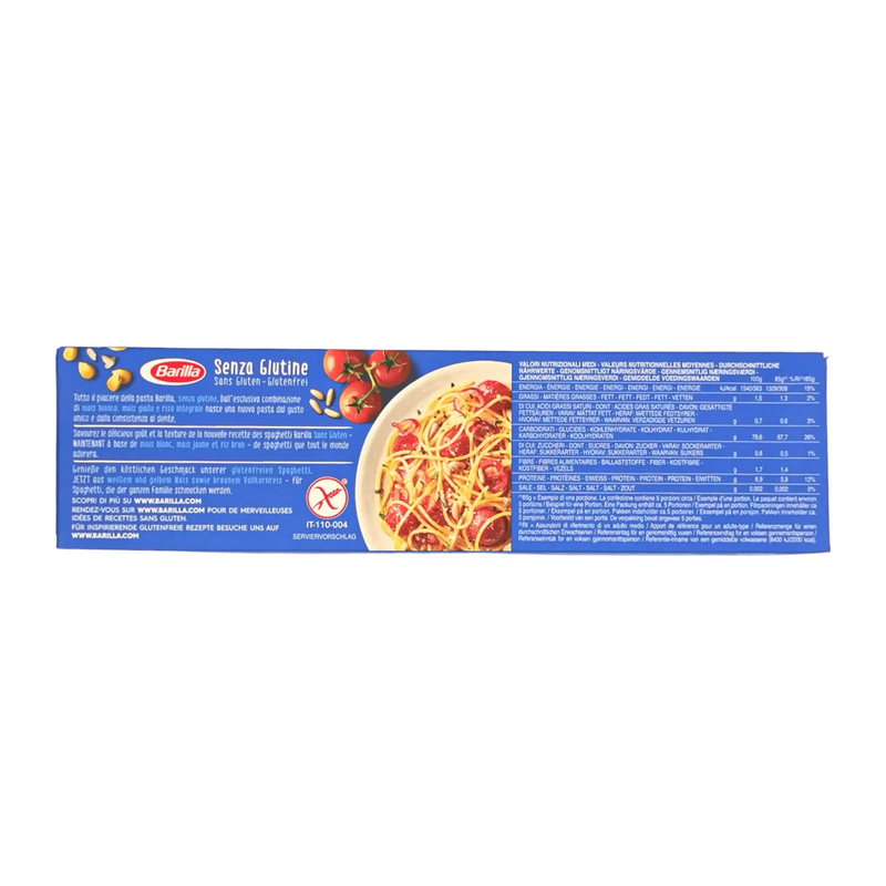 Dos du paquet de spaghetti sans gluten Barilla 400g - Informations nutritionnelles et conseils de préparation.