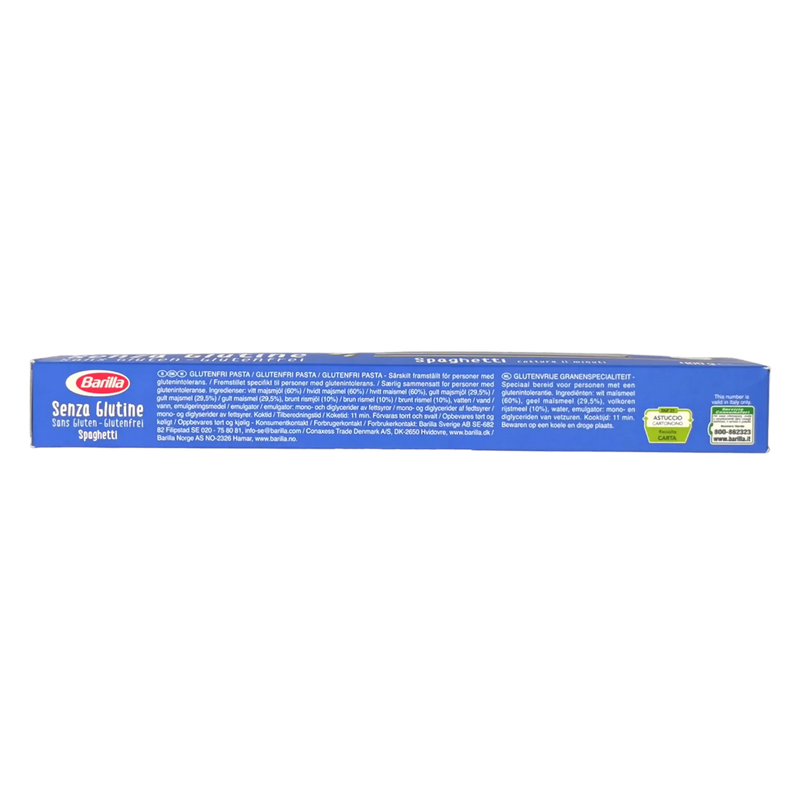 Côté du paquet de spaghetti sans gluten Barilla 400g - Ingrédients des pâtes à base de maïs et riz complet.