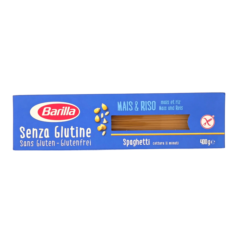 Paquet de spaghetti sans gluten Barilla 400g - Pâtes italiennes à base de maïs et riz complet, parfaites pour les régimes sans gluten.