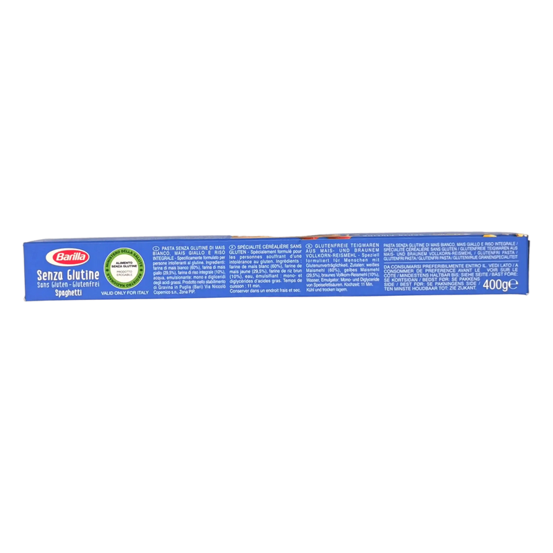 Côté du paquet de spaghetti sans gluten Barilla 400g - Tableau des valeurs nutritionnelles des pâtes italiennes sans gluten.