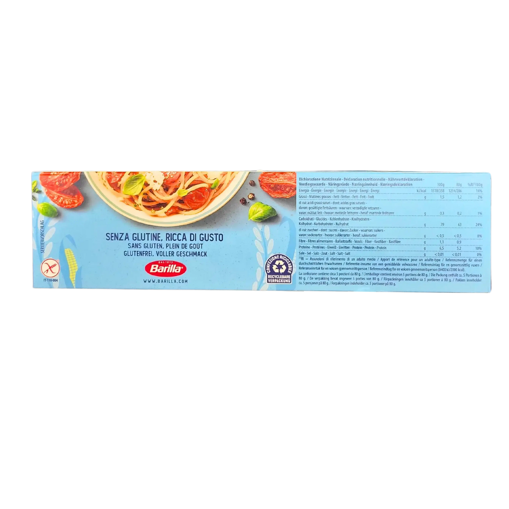 Rückseite des glutenfreien Mais-Spaghetti-Pakets Barilla 400g - Nährwertangaben und Zubereitung der glutenfreien Nudeln.