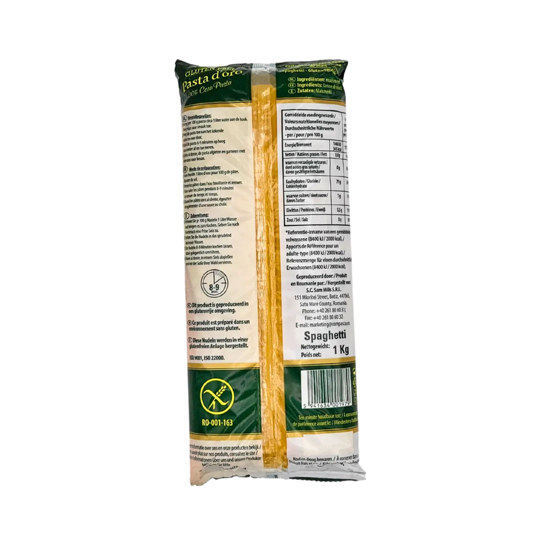 Dos du paquet de spaghetti sans gluten Pasta d’Oro Sam Mills 1kg - Informations nutritionnelles et détails de composition des pâtes au maïs.
