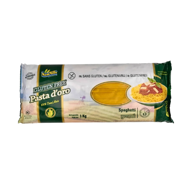 Paquet de spaghetti sans gluten Pasta d’Oro Sam Mills 1kg - Pâtes 100% maïs pour une alimentation sans gluten, idéales pour les plats sains.