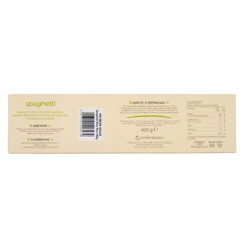 Pâtes spaghetti sans gluten Vivi Bene 400g, informations détaillées au dos du paquet