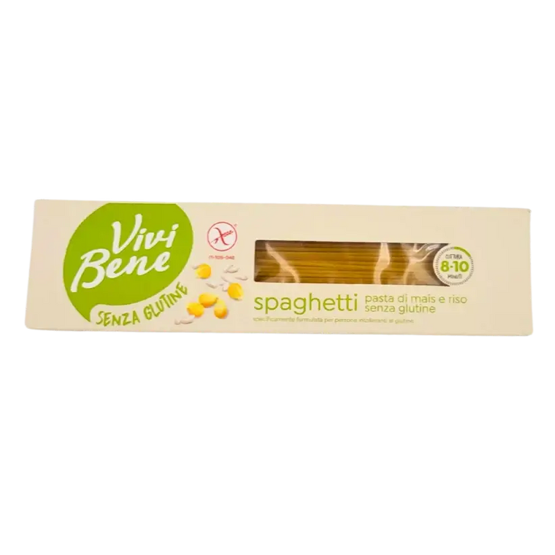 Pâtes spaghetti sans gluten Vivi Bene 400g, packaging avant avec logo vert et image de céréales