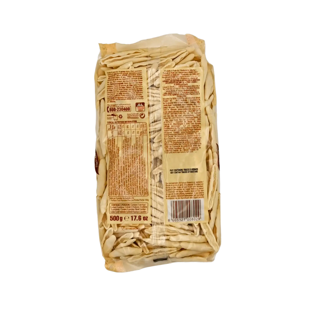 Rückseite des Pakets Strascinati-Nudeln Divella 500g - Nährwertinformationen und Details zur Zusammensetzung der italienischen Nudeln.