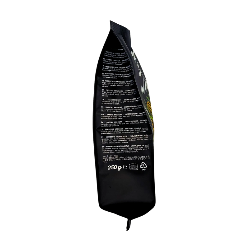 Vue de la face composition des Striscette al Mais 250g, indiquant les ingrédients et caractéristiques du produit, adapté aux régimes vegan.