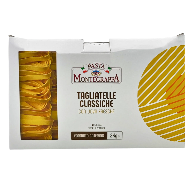 Boîte fermée de tagliatelles classiques aux œufs frais Pasta Montegrappa 2 kg, avec design épuré.