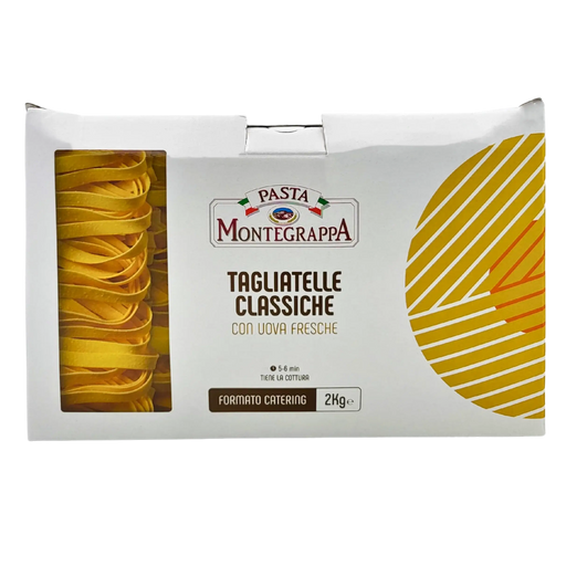 Boîte fermée de tagliatelles classiques aux œufs frais Pasta Montegrappa 2 kg, avec design épuré.