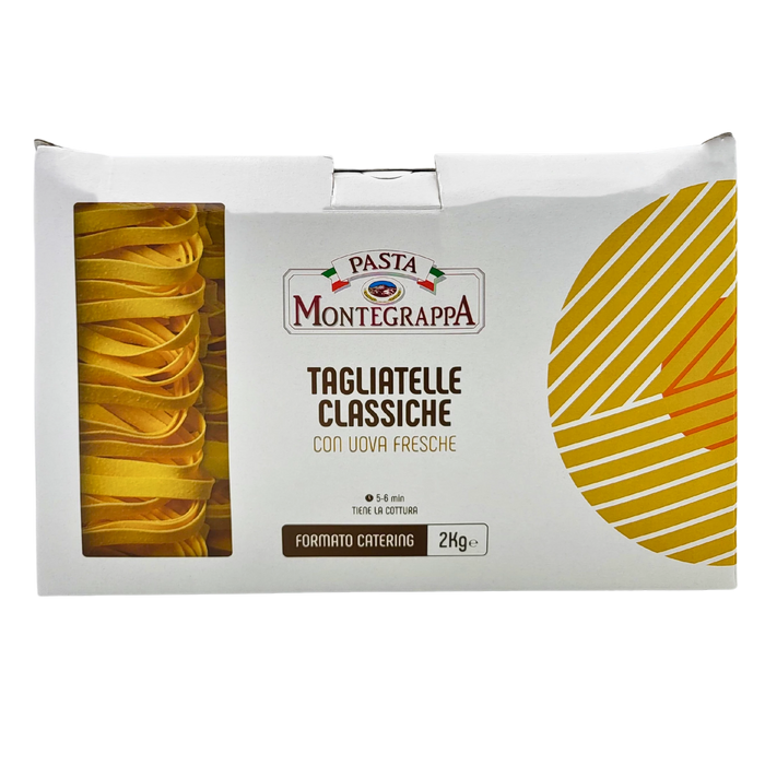 Boîte fermée de tagliatelles classiques aux œufs frais Pasta Montegrappa 2 kg, avec design épuré.