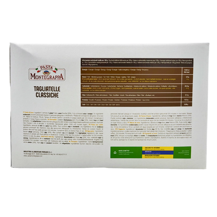 Informations nutritionnelles des tagliatelles classiques aux œufs frais Pasta Montegrappa 2 kg.