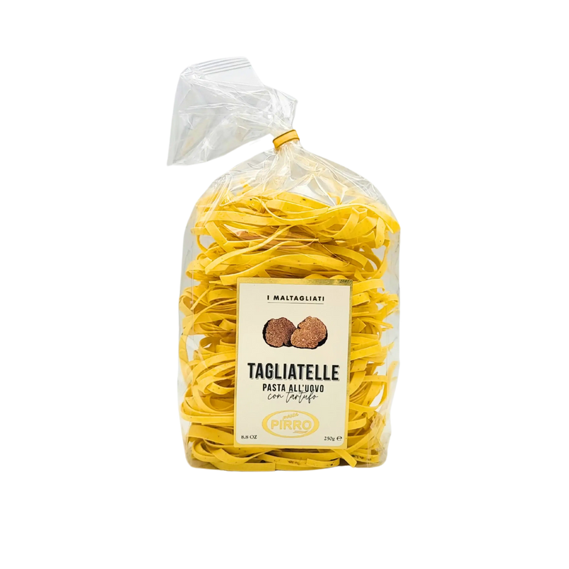 Pâtes artisanal Pirro 250g - tagliatelle truffe noire dans un sac transparent, illustrant la qualité italienne avec arôme de truffe.