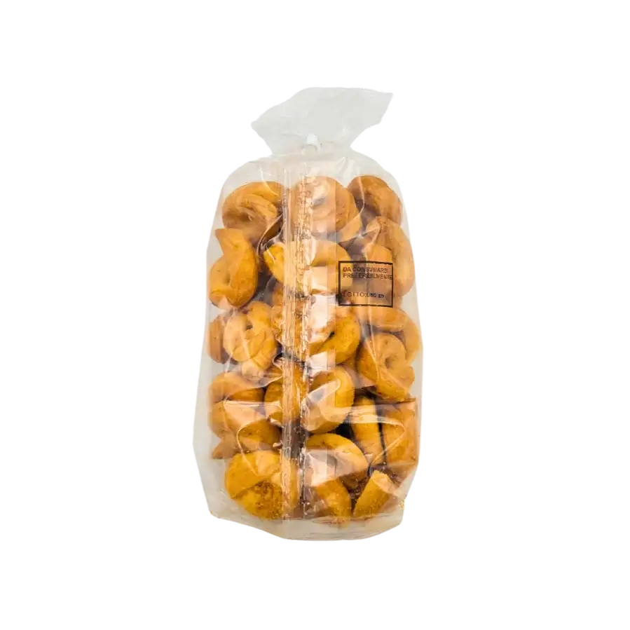 Artisanal Italian taralli with chili in a transparent bag, back of the packaging 400g