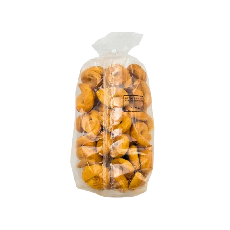 Taralli artisanaux italiens au piment dans sachet transparent, dos de l'emballage 400g
