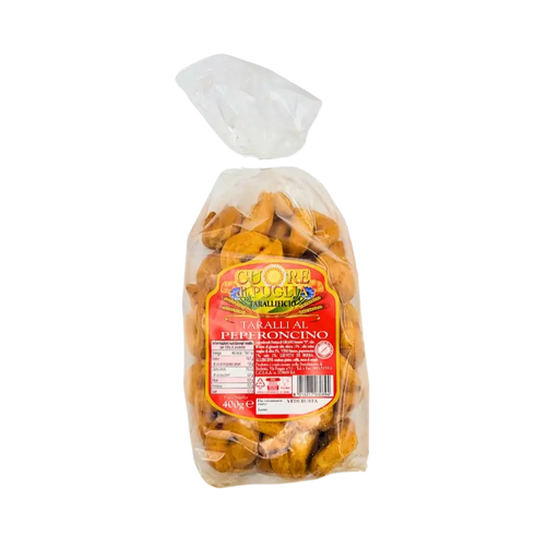 Taralli au peperoncino Cuore di Puglia 400g, vue de face avec étiquette rouge et transparente