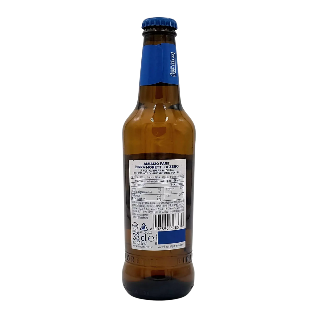 Bière sans Alcool Birra Moretti 33cl - Étiquette arrière montrant les détails du produit.