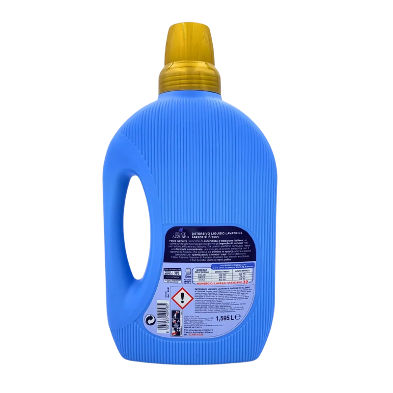 Bouteille de lessive liquide Savon d'Alep Felce Azzurra 1,6l pour un linge propre et frais, technologie moderne italienne.