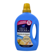 Bouteille de lessive liquide Savon d'Alep Felce Azzurra 1,6l pour un linge propre et frais, 32 lavages, tradition méditerranéenne.