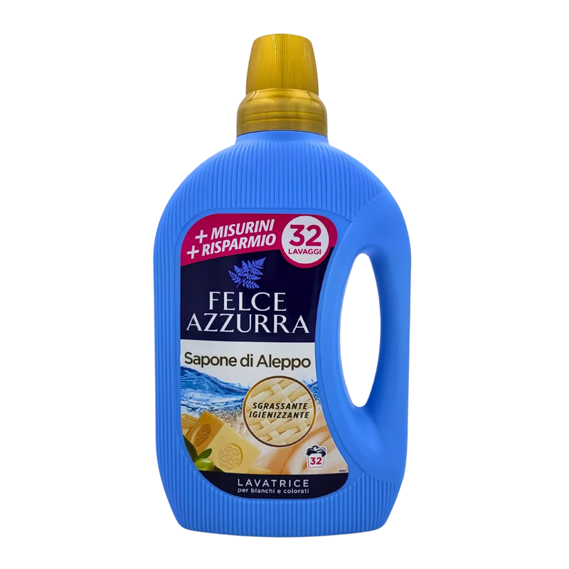 Bouteille de lessive liquide Savon d'Alep Felce Azzurra 1,6l pour un linge propre et frais, 32 lavages, tradition méditerranéenne.