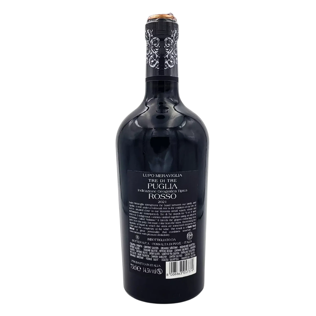 Italian red wine Lupo Meraviglio Tre Di Tre 75 cl, from the vineyards of Puglia, offering aromatic richness and beautiful intensity.