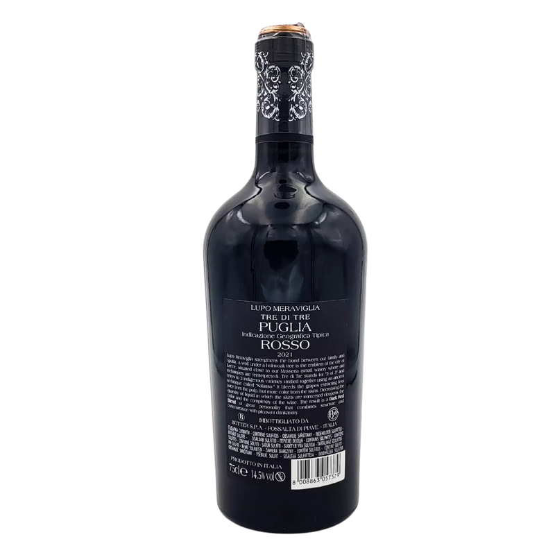 Vin rouge italien Lupo Meraviglio Tre Di Tre 75 cl, issu des vignobles des Pouilles, offrant une richesse aromatique et une belle intensité.