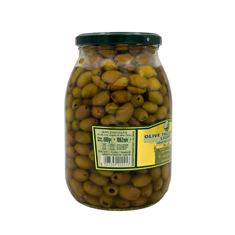 Bocal de 880g d'olives taggiasche marinées en huile de qualité, produit authentique de Ligurie.