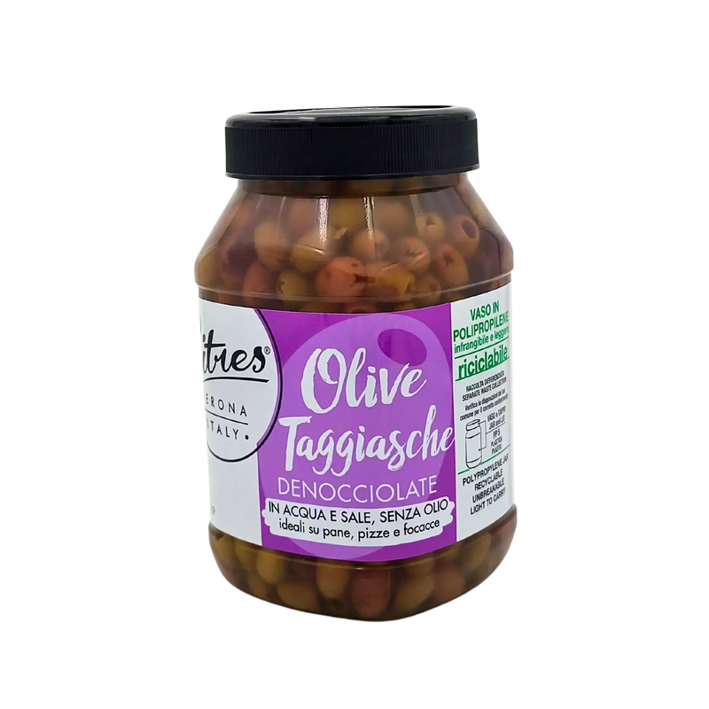 Bocal d'olives Taggiasche Citres, 980g, olives italiennes marinées, sans gluten, parfaites pour les antipasti, les pizzas et le pain.