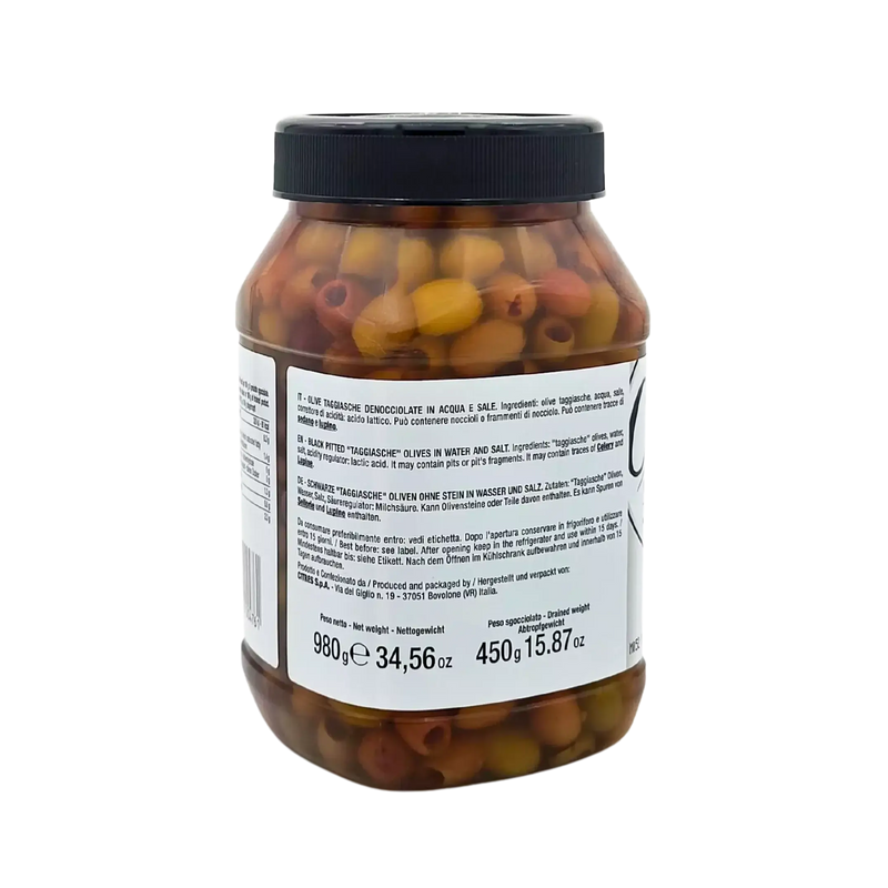 Bocal d'olives Taggiasche Citres – 980g, présentant des olives italiennes marinées de Ligurie.