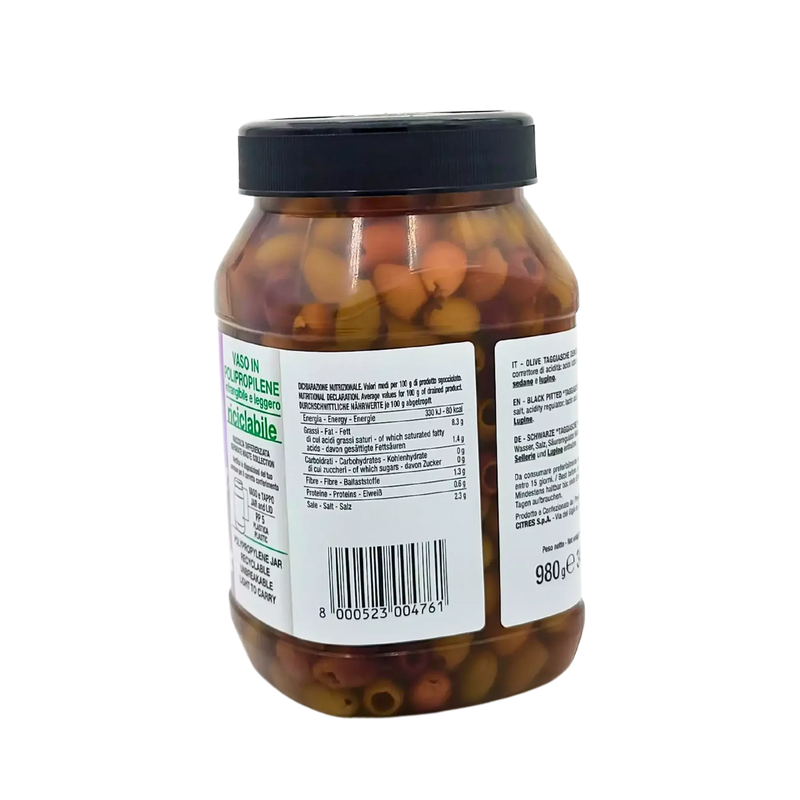 Bocal d'olives taggiasche, 980g, olives italiennes marinées de Ligurie, sans gluten, antipasti naturel.